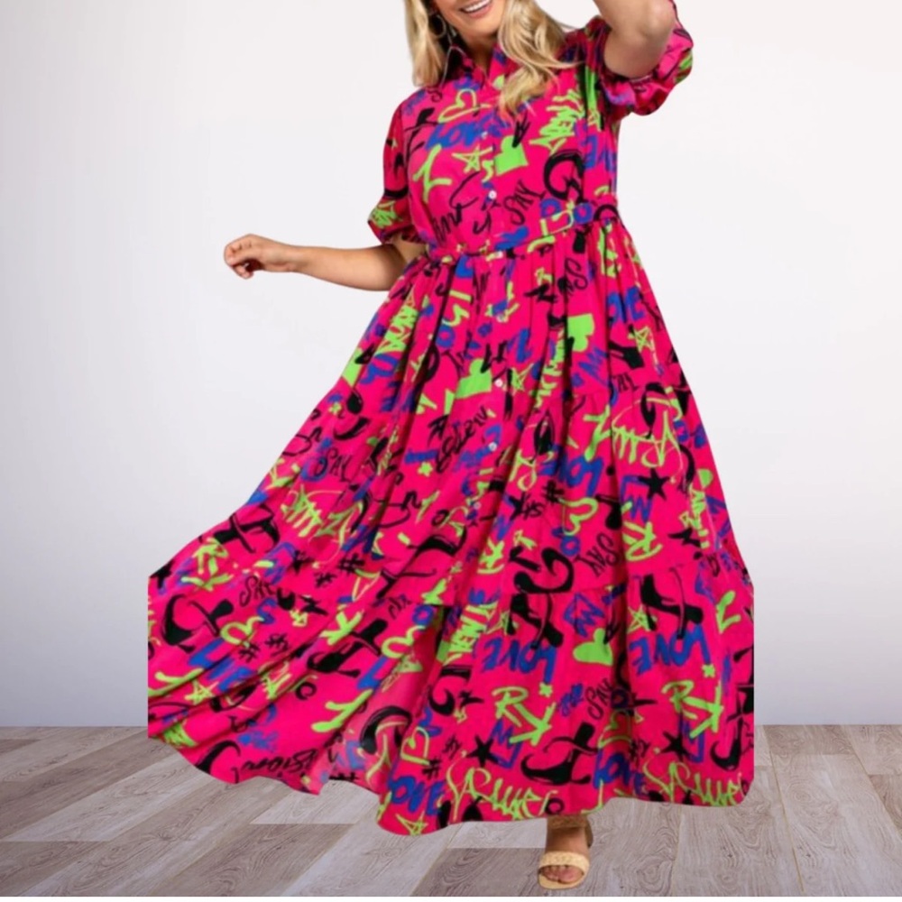 The Curve | Women’s Vibrant Pink Graphic Print Maxi Shirt Dress | 1X